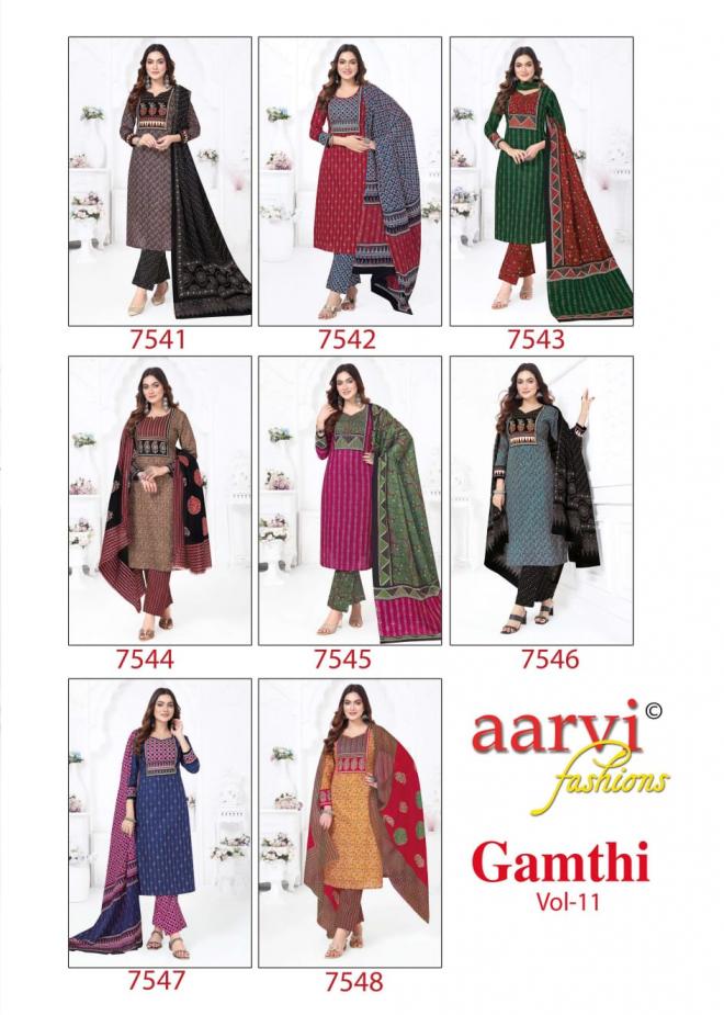 Aarvi Gamthi Vol 11 Readymade Cotton Hand Worked Kurti Pant With Dupatta