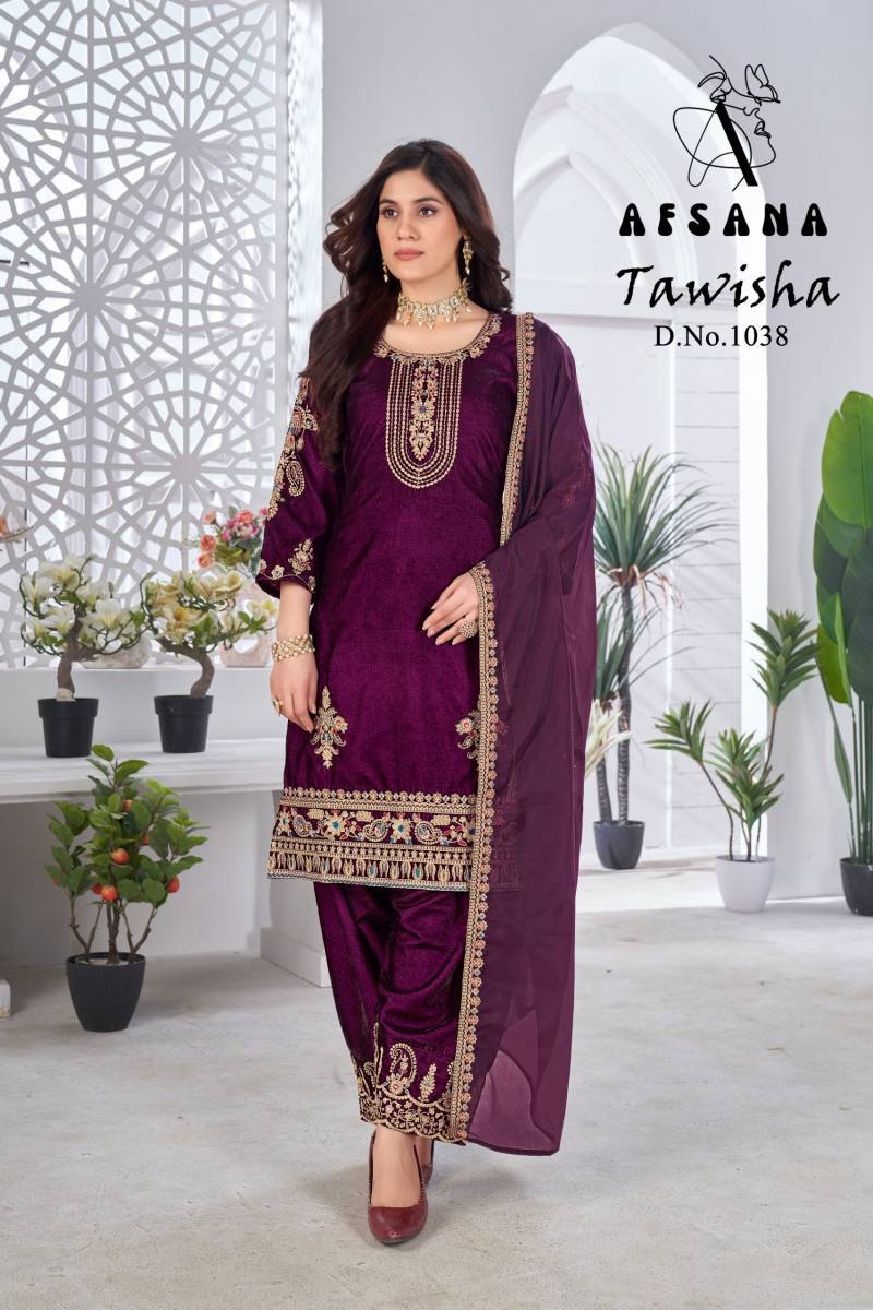 Afsana Tawisha Velvet Zari Embroidery Work Kurti With Punjabi Style Bottom And Dupatta