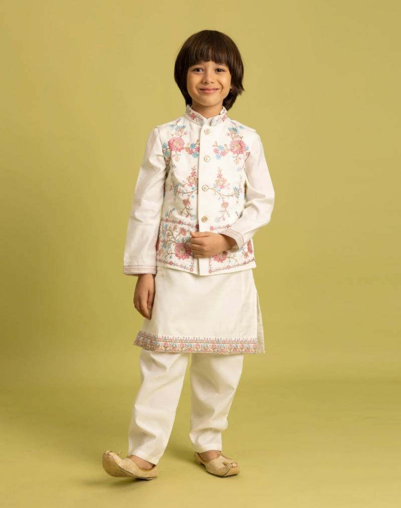 Clleora Nazrana Kids Viscose Silk Embroidered Work Kurta Pant And Koti