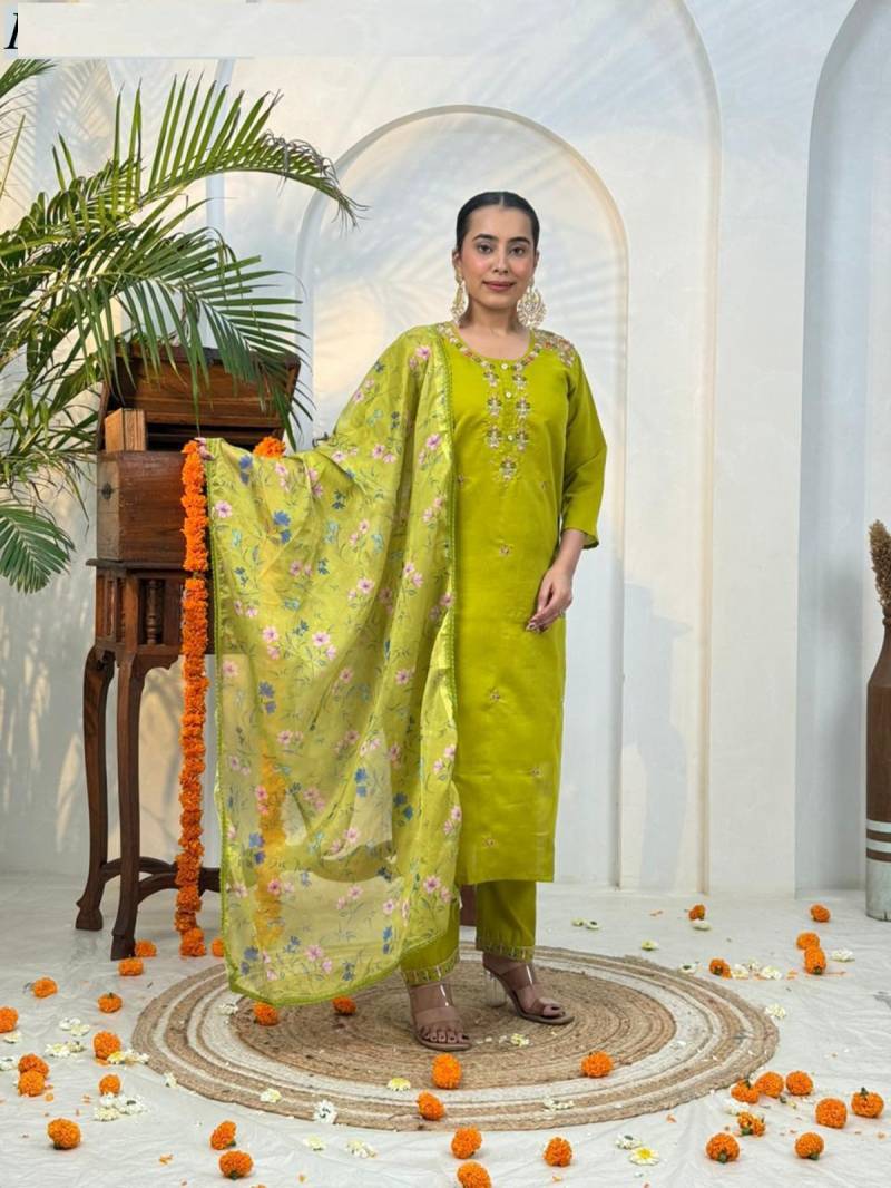 Naisha K 390 Roman Silk Handwork Kurti Pant And Dupatta Collection