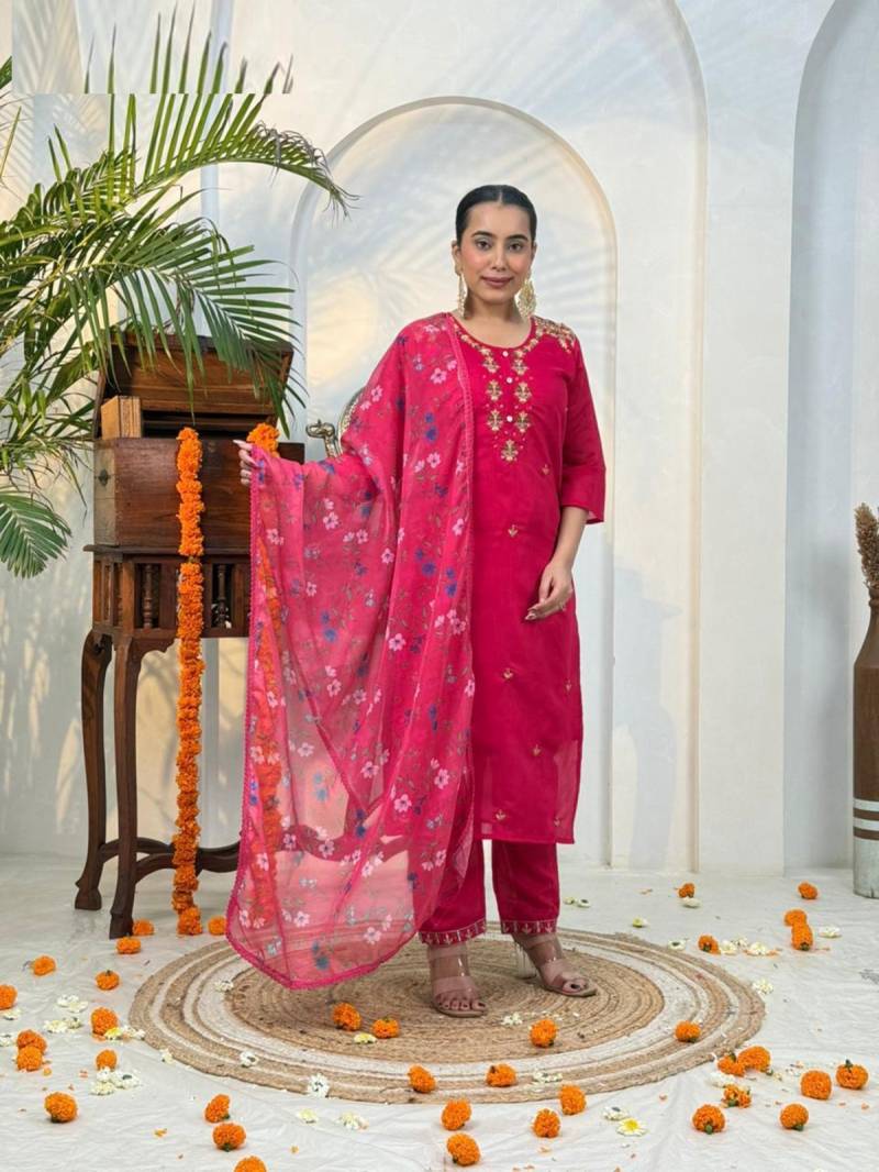 Naisha K 390 Roman Silk Handwork Kurti Pant And Dupatta Collection