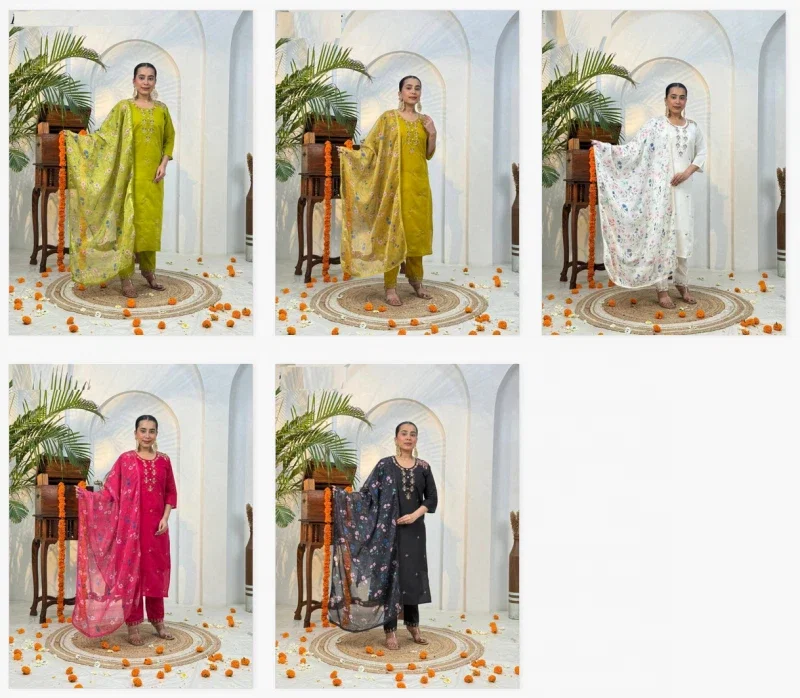 Naisha K 390 Roman Silk Handwork Kurti Pant And Dupatta Collection