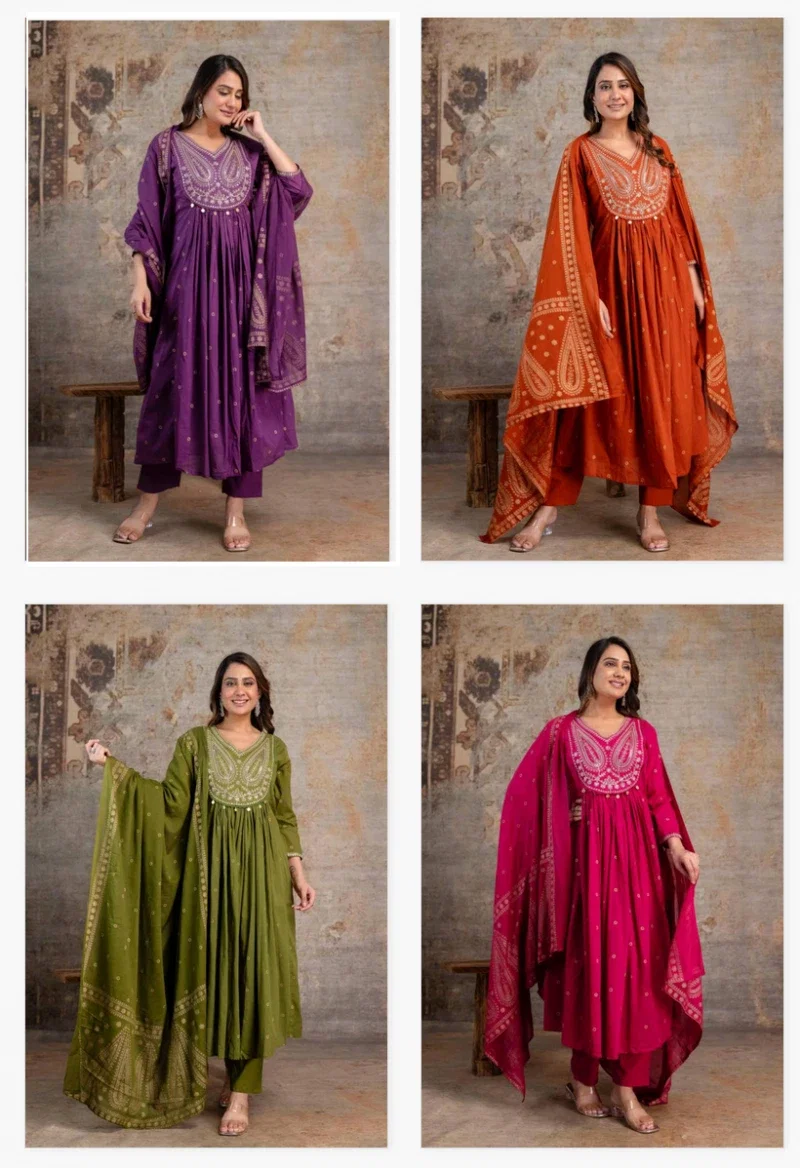 Naisha K 392 Mul Mul Embroidered Designer Kurti Pant And Dupatta