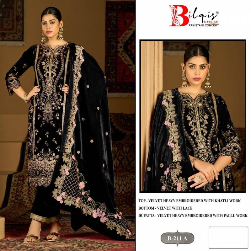 Bilqis B 211 A To D Velvet Embroidered Handwork Pakistani Salwar Kameez