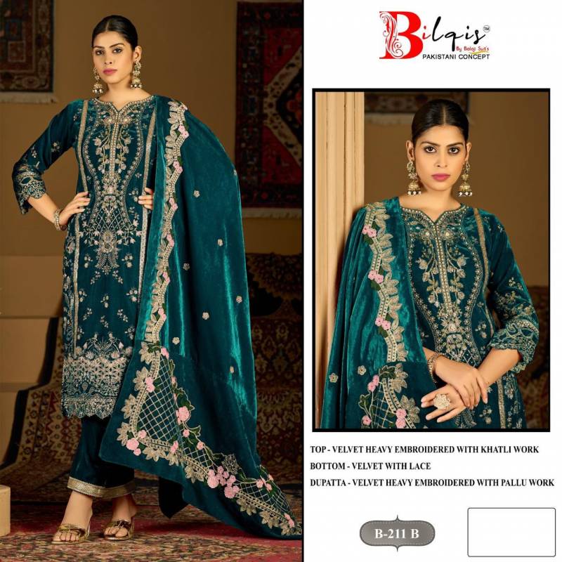 Bilqis B 211 A To D Velvet Embroidered Handwork Pakistani Salwar Kameez