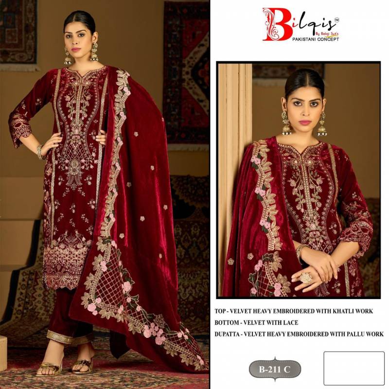 Bilqis B 211 A To D Velvet Embroidered Handwork Pakistani Salwar Kameez