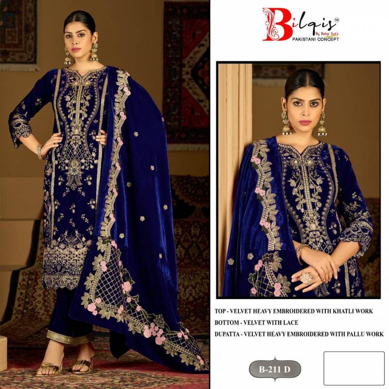 Bilqis B 211 A To D Velvet Embroidered Handwork Pakistani Salwar Kameez
