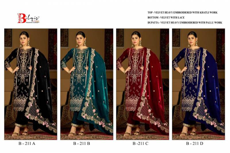 Bilqis B 211 A To D Velvet Embroidered Handwork Pakistani Salwar Kameez