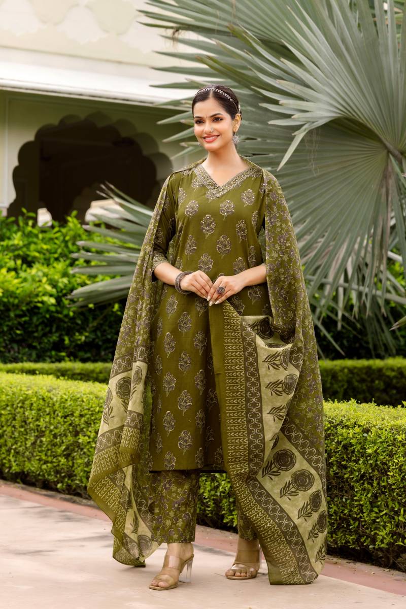 Naisha K 394 Cotton Embroidery Work Kurti Pant And Dupatta Collection