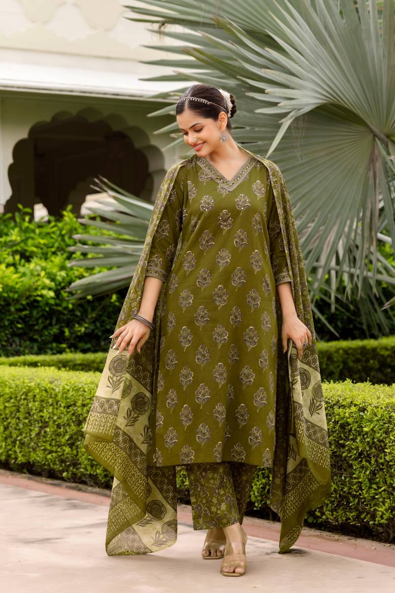 Naisha K 394 Cotton Embroidery Work Kurti Pant And Dupatta Collection