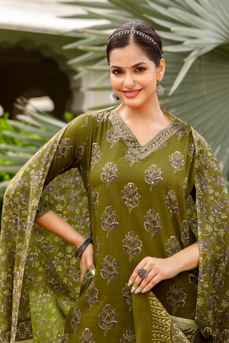 Naisha K 394 Cotton Embroidery Work Kurti Pant And Dupatta Collection
