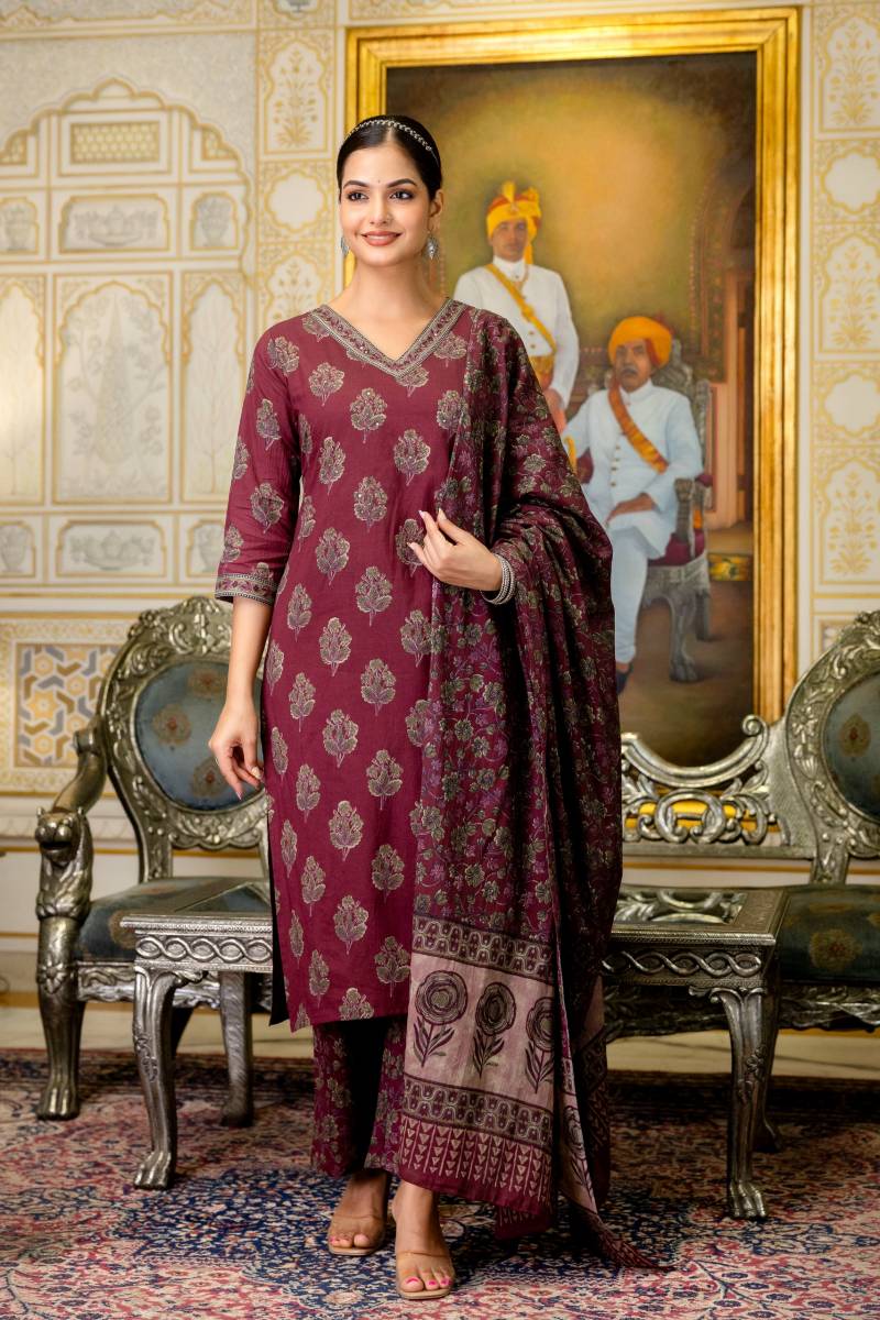 Naisha K 394 Cotton Embroidery Work Kurti Pant And Dupatta Collection