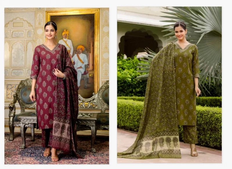 Naisha K 394 Cotton Embroidery Work Kurti Pant And Dupatta Collection