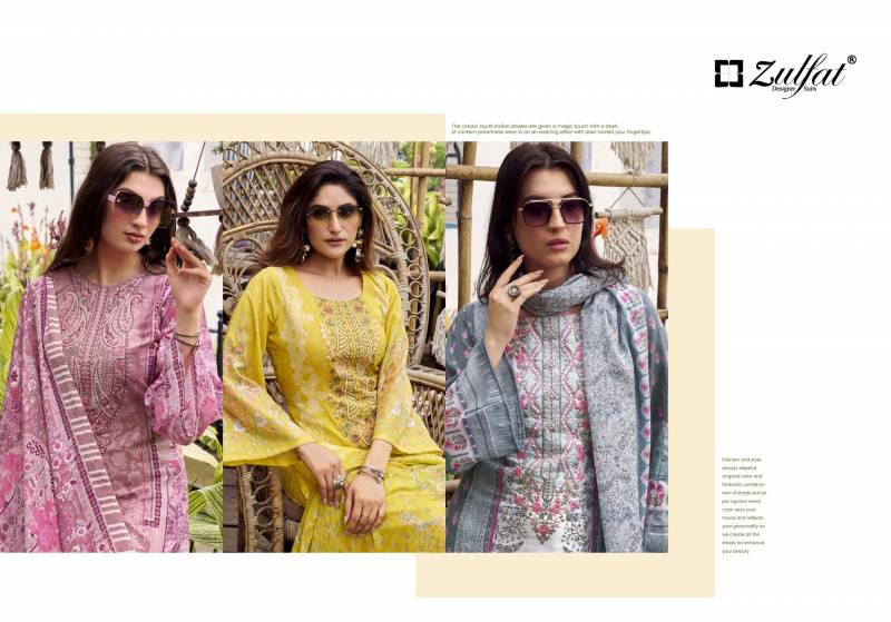 Zulfat Sana Safina Cotton Designer Print Embroidery Work Dress Material Collection