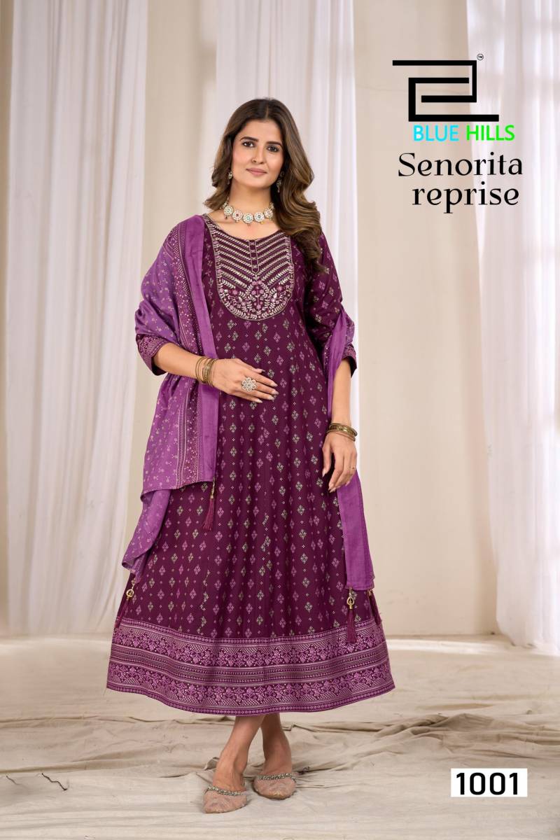 Blue Hills Senorita Reprise Rayon Printed Anarkali Kurti With Dupatta Collection