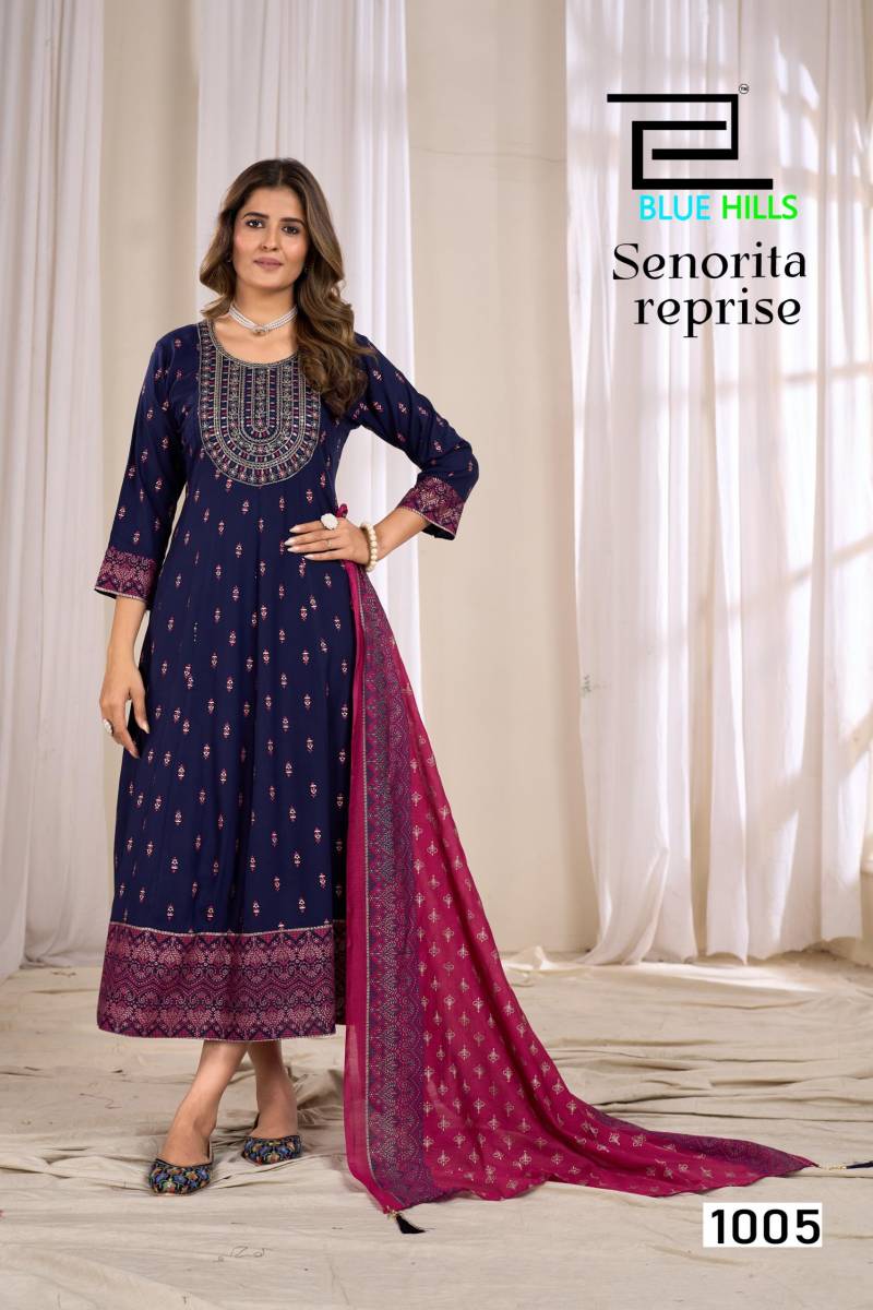 Blue Hills Senorita Reprise Rayon Printed Anarkali Kurti With Dupatta Collection
