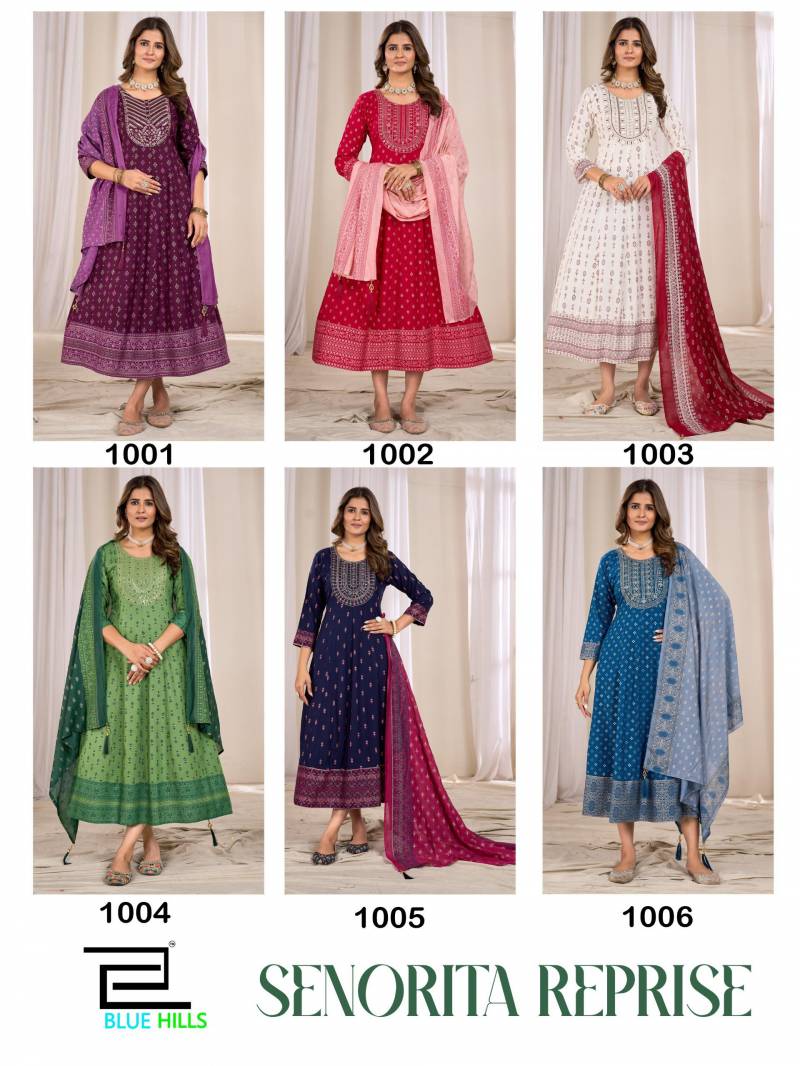 Blue Hills Senorita Reprise Rayon Printed Anarkali Kurti With Dupatta Collection