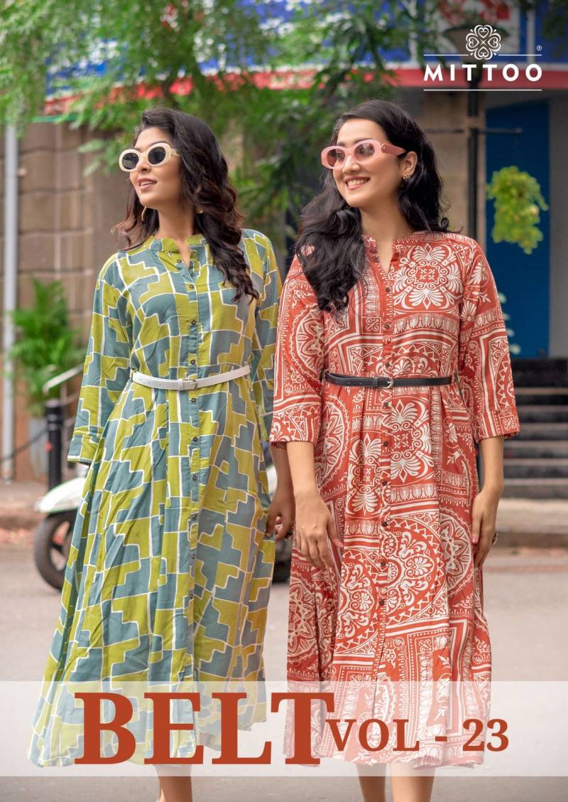 Mittoo Belt Vol 23 Rayon Printed Fancy Kurtis Collection
