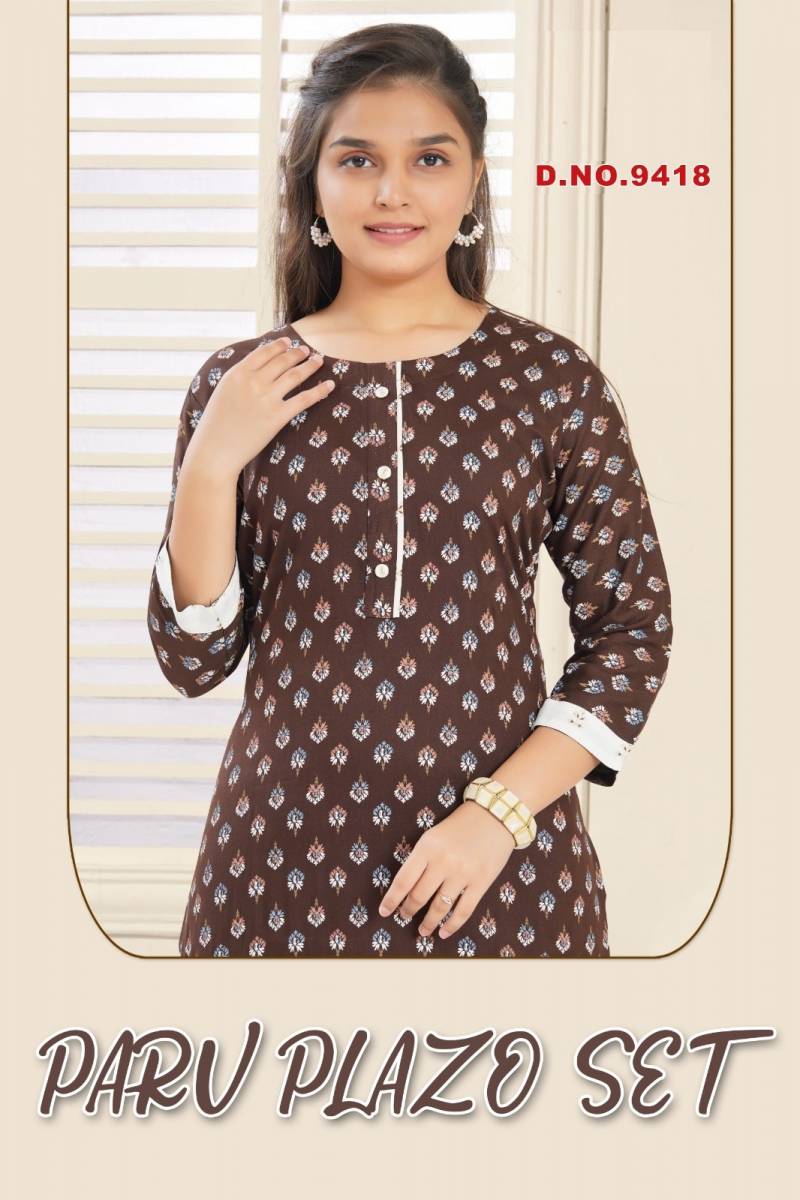 Paru Plazo Set 9418 Rayon Printed Kurti And Bottom Dupatta Collection