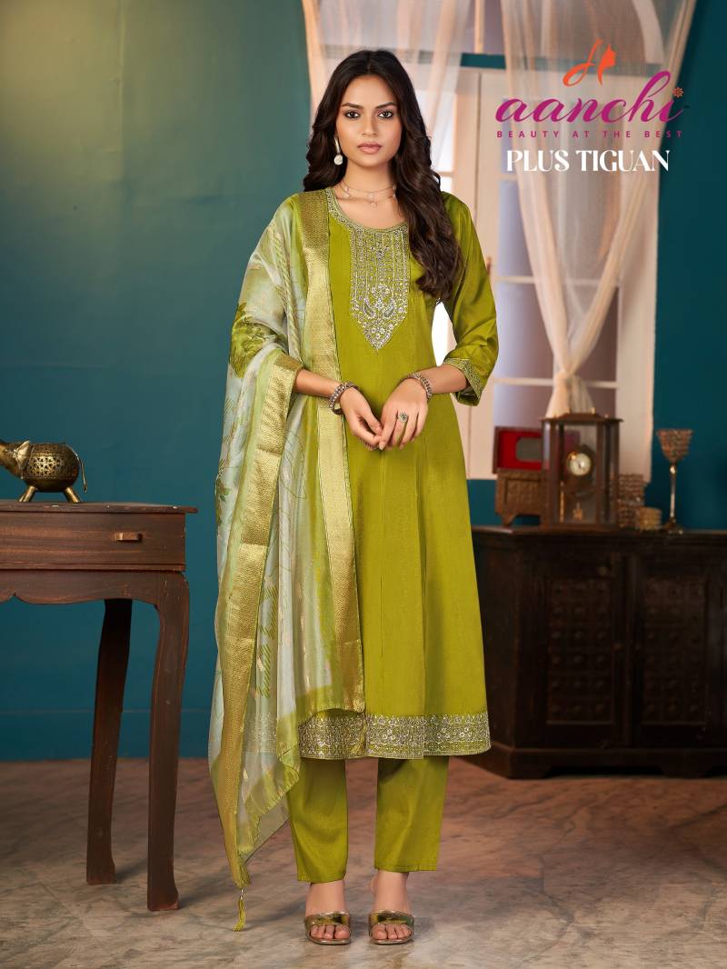 Aanchi Plus Tiguan Roman Shimmer Festival Wear Kurti Bottom And Dupatta