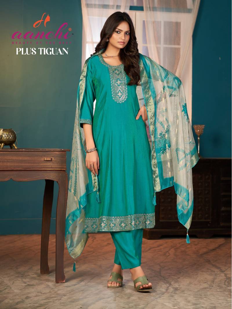 Aanchi Plus Tiguan Roman Shimmer Festival Wear Kurti Bottom And Dupatta