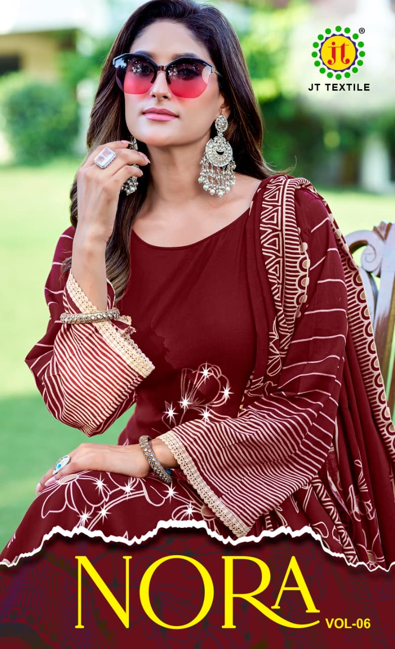 Jt Nora Vol 6 Rayon With Foil Print And Lace Designer Dress Material Collection