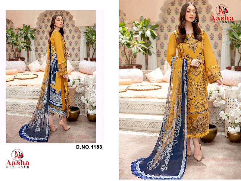 Aasha 1183 Silver Chiffon Dupatta Cotton Print Embroidery Pakistani Salwar Suits
