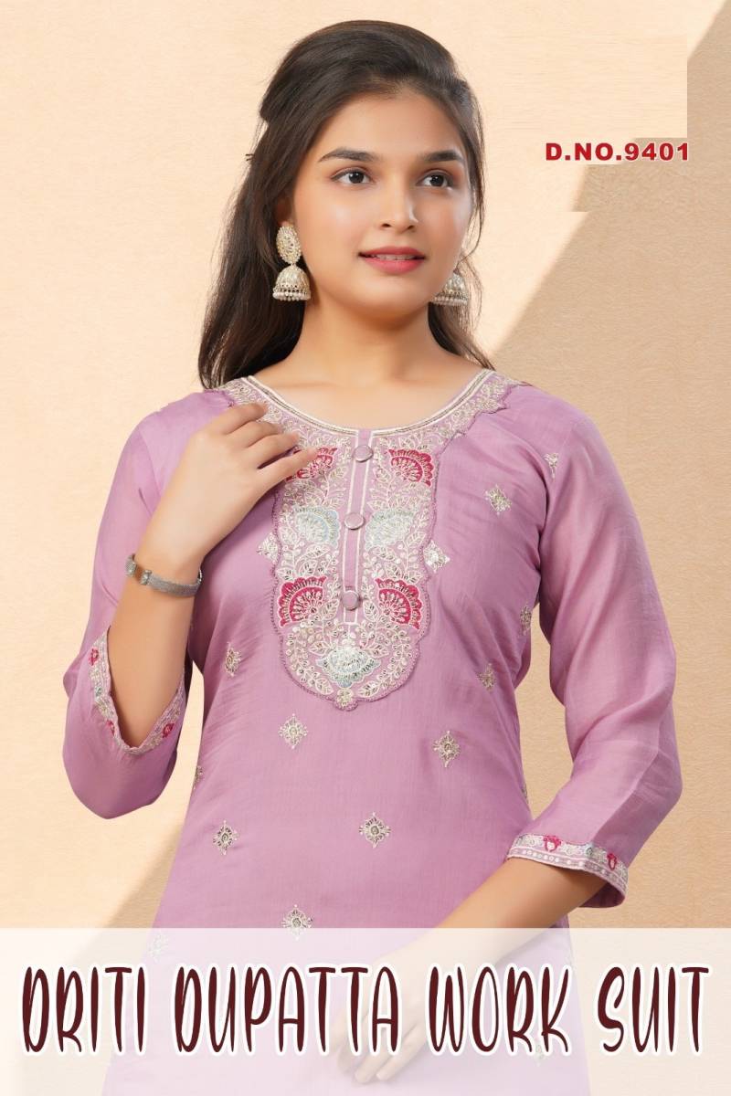 Driti Dupatta Work Suit 9401 Mul Chanderi Kurti Pant And Dupatta