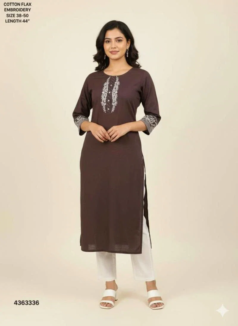 Naisha K 400 Cotton Flax Embroidery Casual Wear Kurti Collection