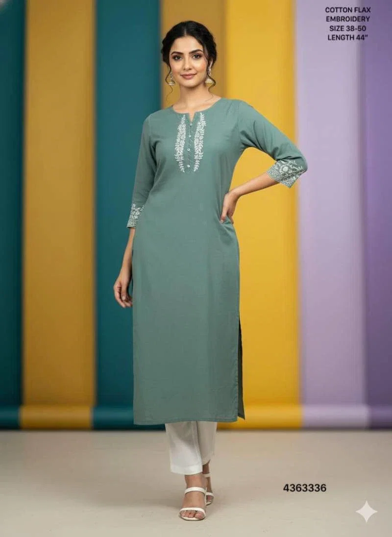 Naisha K 400 Cotton Flax Embroidery Casual Wear Kurti Collection