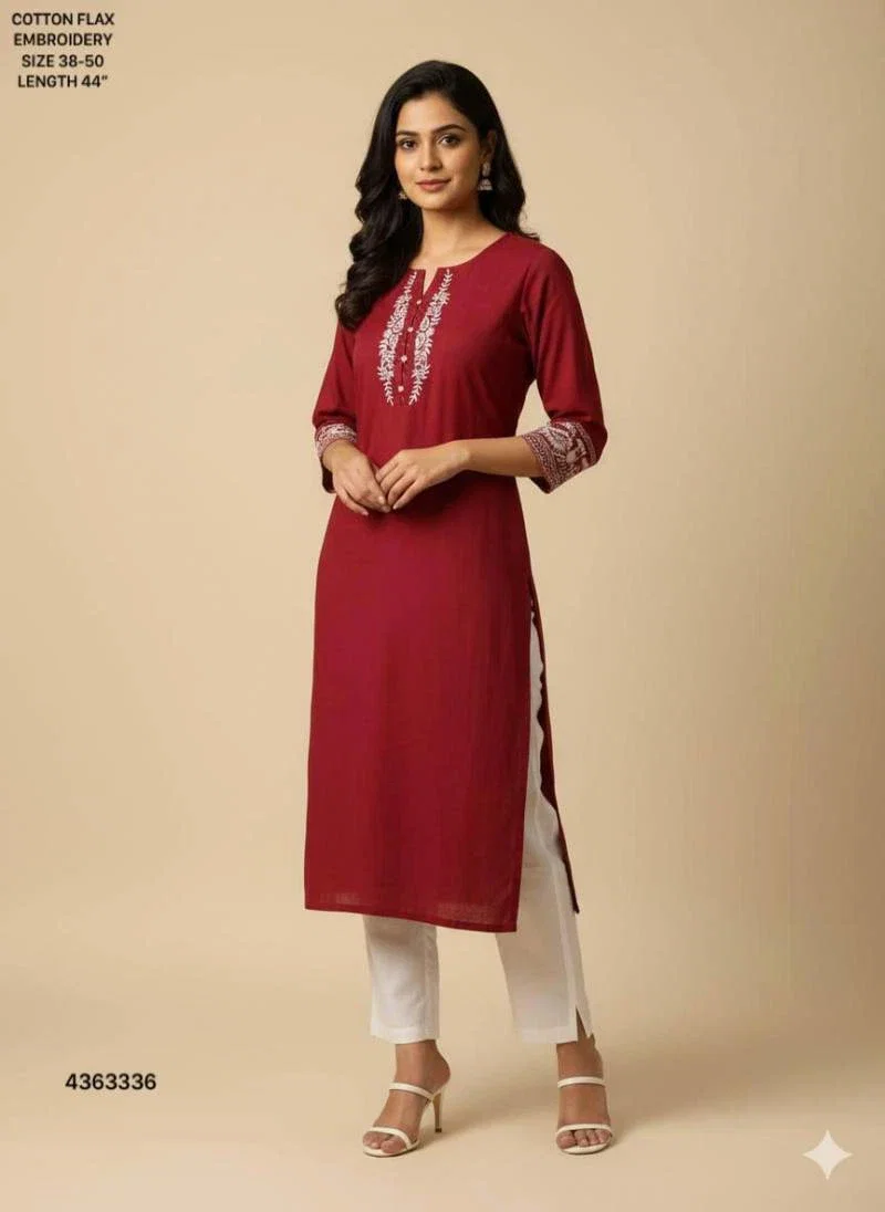 Naisha K 400 Cotton Flax Embroidery Casual Wear Kurti Collection