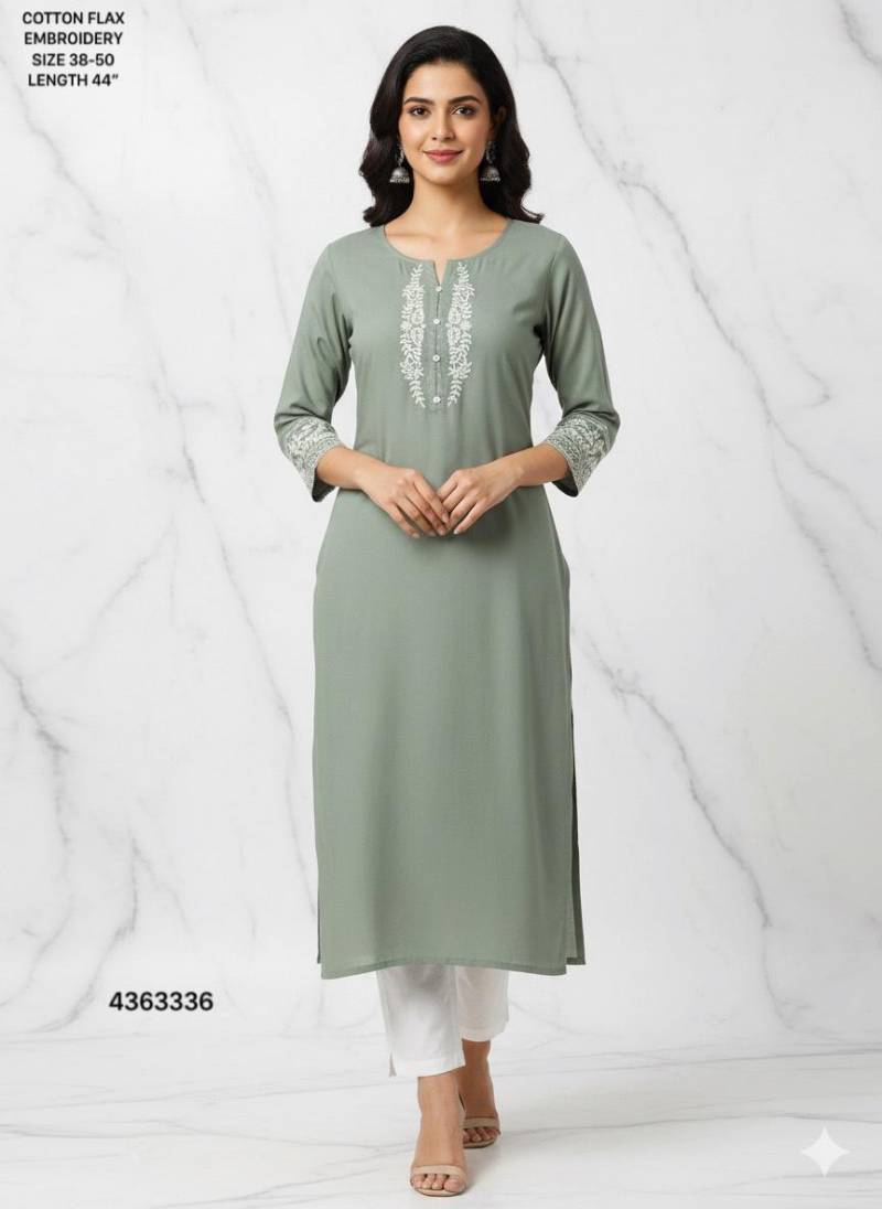 Naisha K 400 Cotton Flax Embroidery Casual Wear Kurti Collection