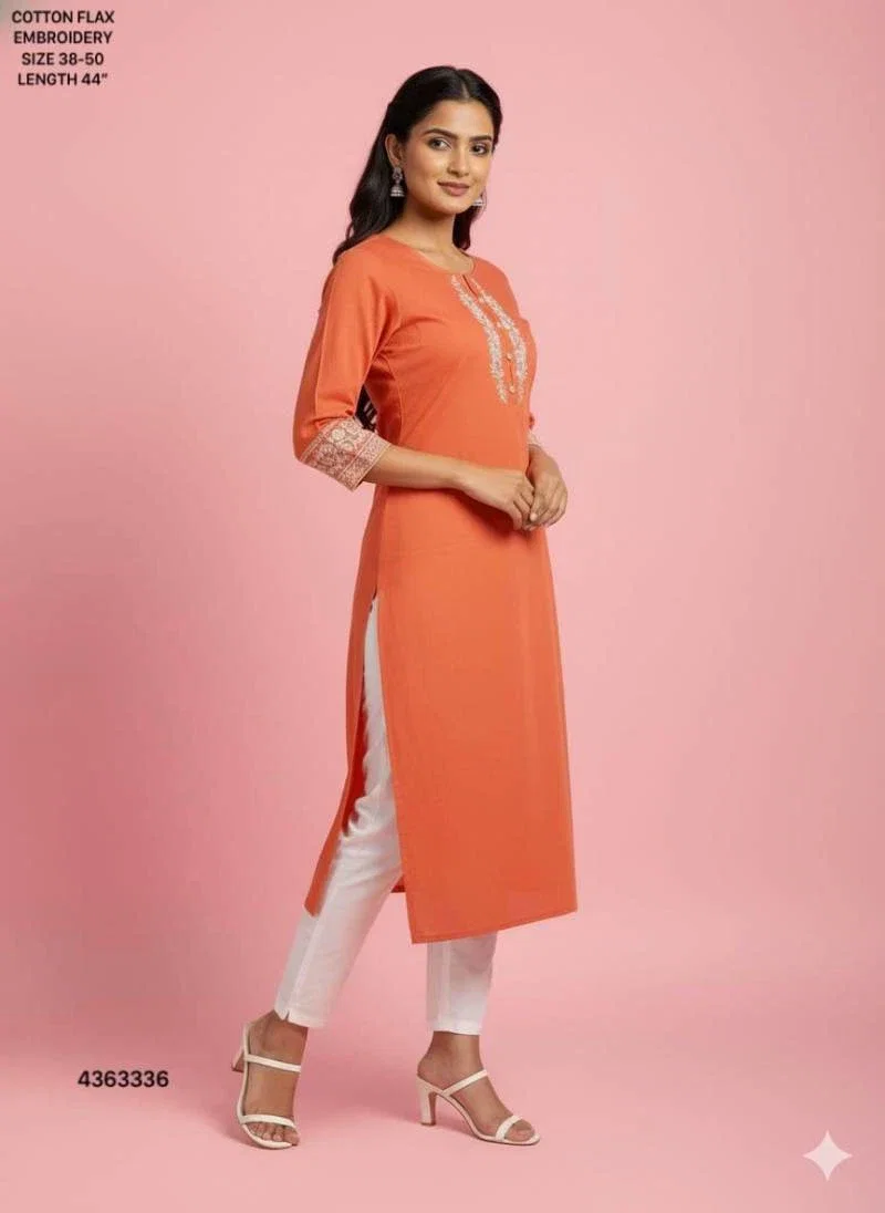 Naisha K 400 Cotton Flax Embroidery Casual Wear Kurti Collection