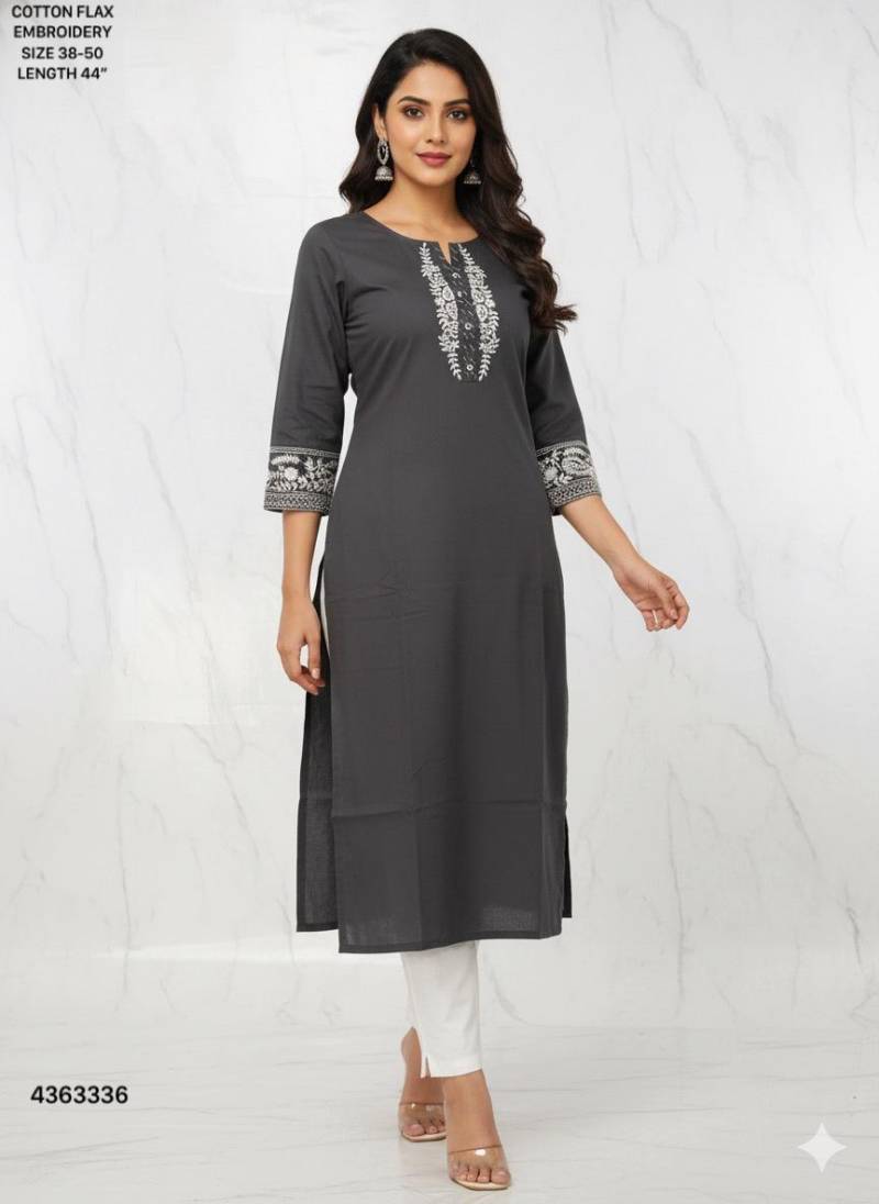 Naisha K 400 Cotton Flax Embroidery Casual Wear Kurti Collection