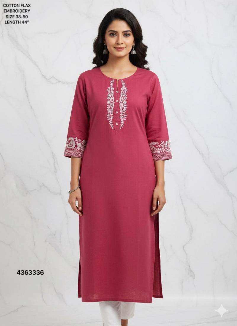 Naisha K 400 Cotton Flax Embroidery Casual Wear Kurti Collection
