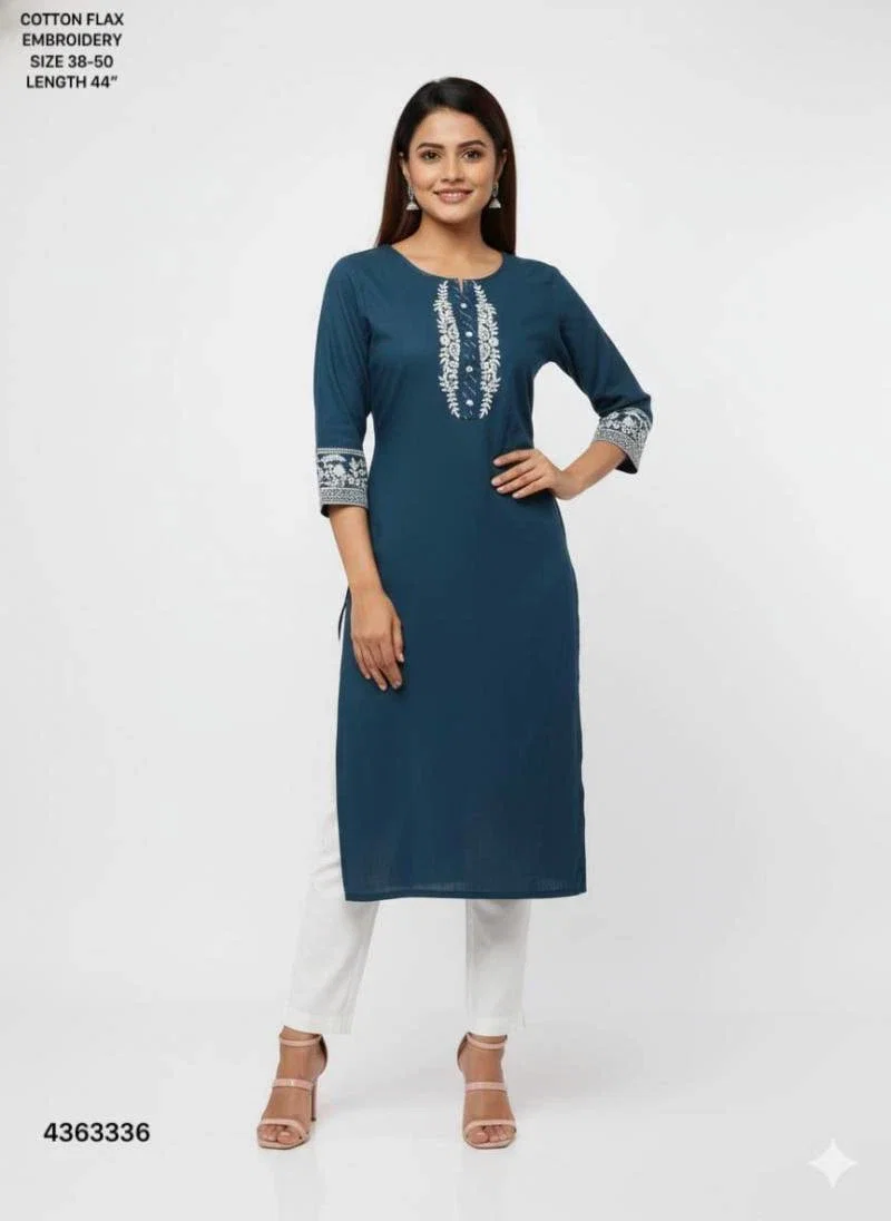 Naisha K 400 Cotton Flax Embroidery Casual Wear Kurti Collection