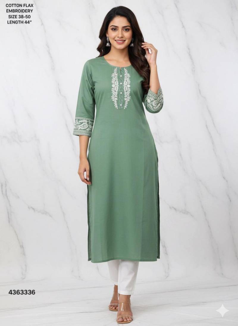 Naisha K 400 Cotton Flax Embroidery Casual Wear Kurti Collection