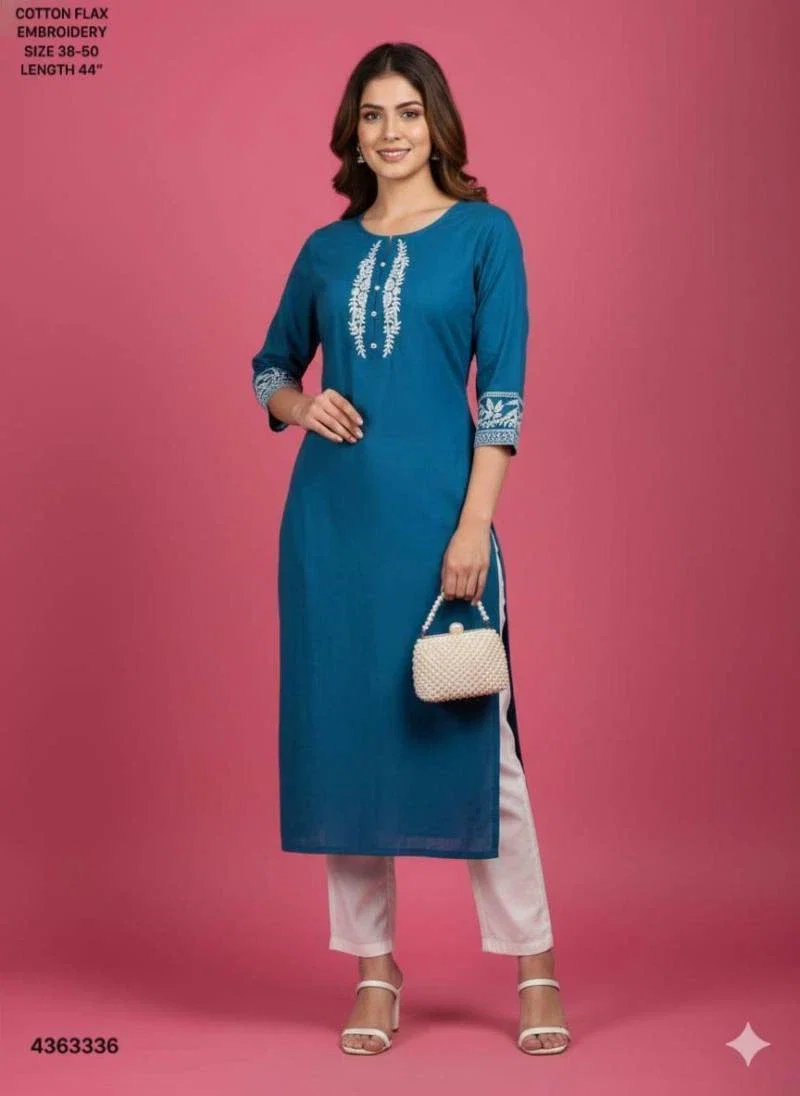 Naisha K 400 Cotton Flax Embroidery Casual Wear Kurti Collection