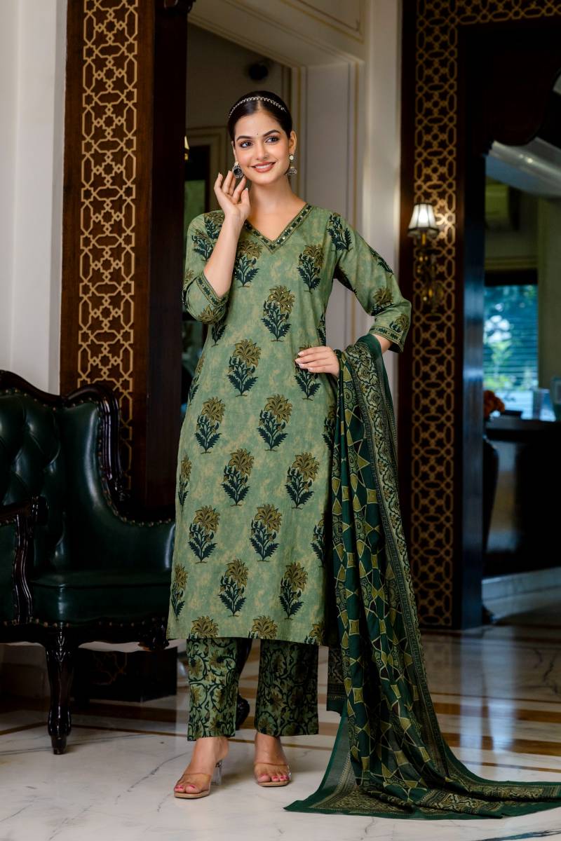 Naisha k 403 Cotton Embroidery Work Designer Kurti Pant And Dupatta