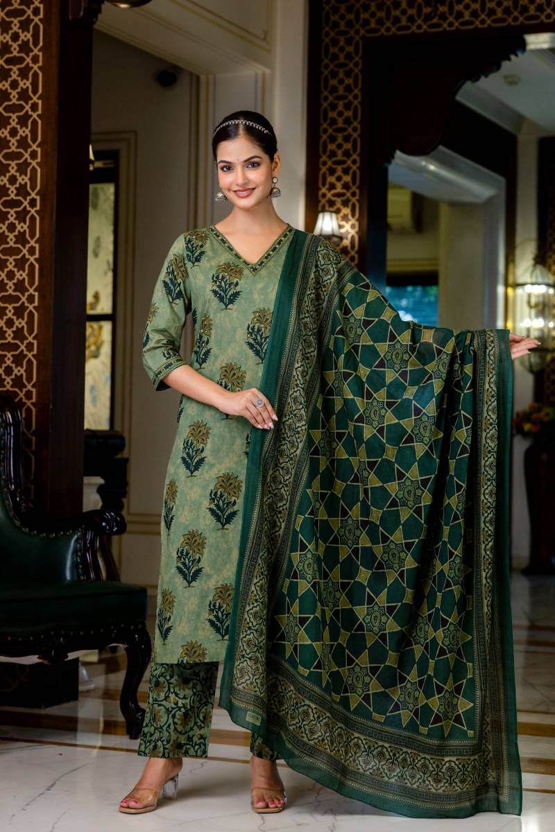 Naisha k 403 Cotton Embroidery Work Designer Kurti Pant And Dupatta