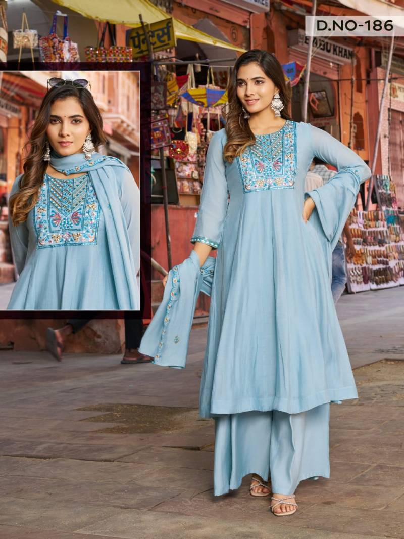 Alinee 186 And 187 Mull Chanderi Silk Thread Work Kurti Pant And Dupatta