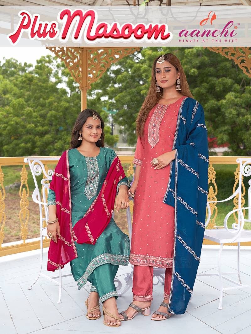 Aanchi Plus Masoom Crystal Silk Work Kurti Pant And Dupatta Collection