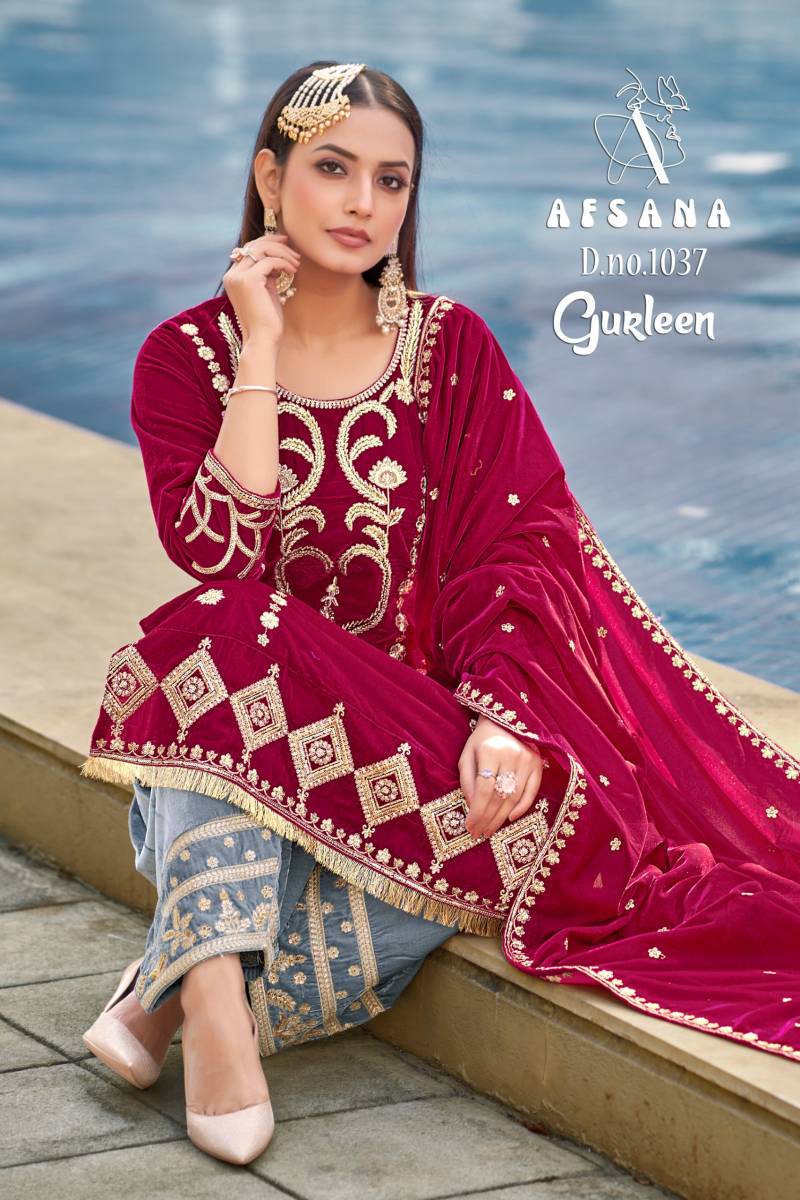 Afsana Gurleen Velvet Embroidery Designer Top Bottom And Dupatta Collection