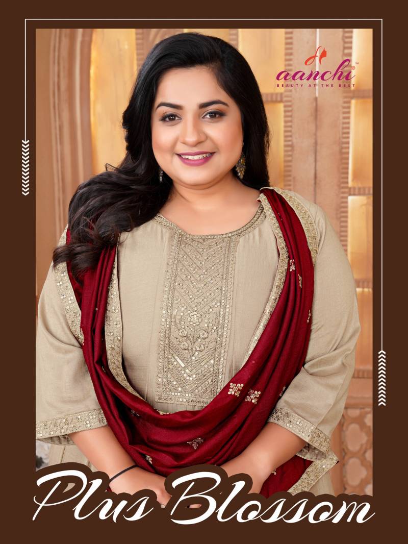 Aanchi Plus Blossom Vichitra Silk Fancy Work Kurti Pant And Dupatta Collection