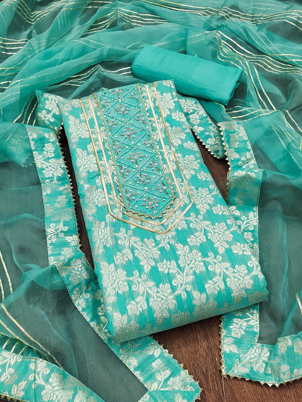 Navya Suit 149 Party Wear Unstitched handworked Jacquard Silk top with Bottom and Dupatta Suit