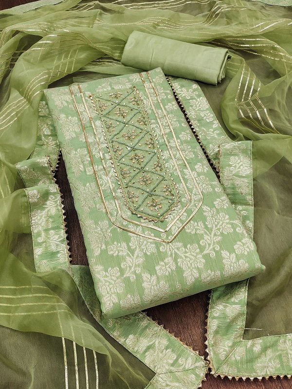 Navya Suit 149 Party Wear Unstitched handworked Jacquard Silk top with Bottom and Dupatta Suit