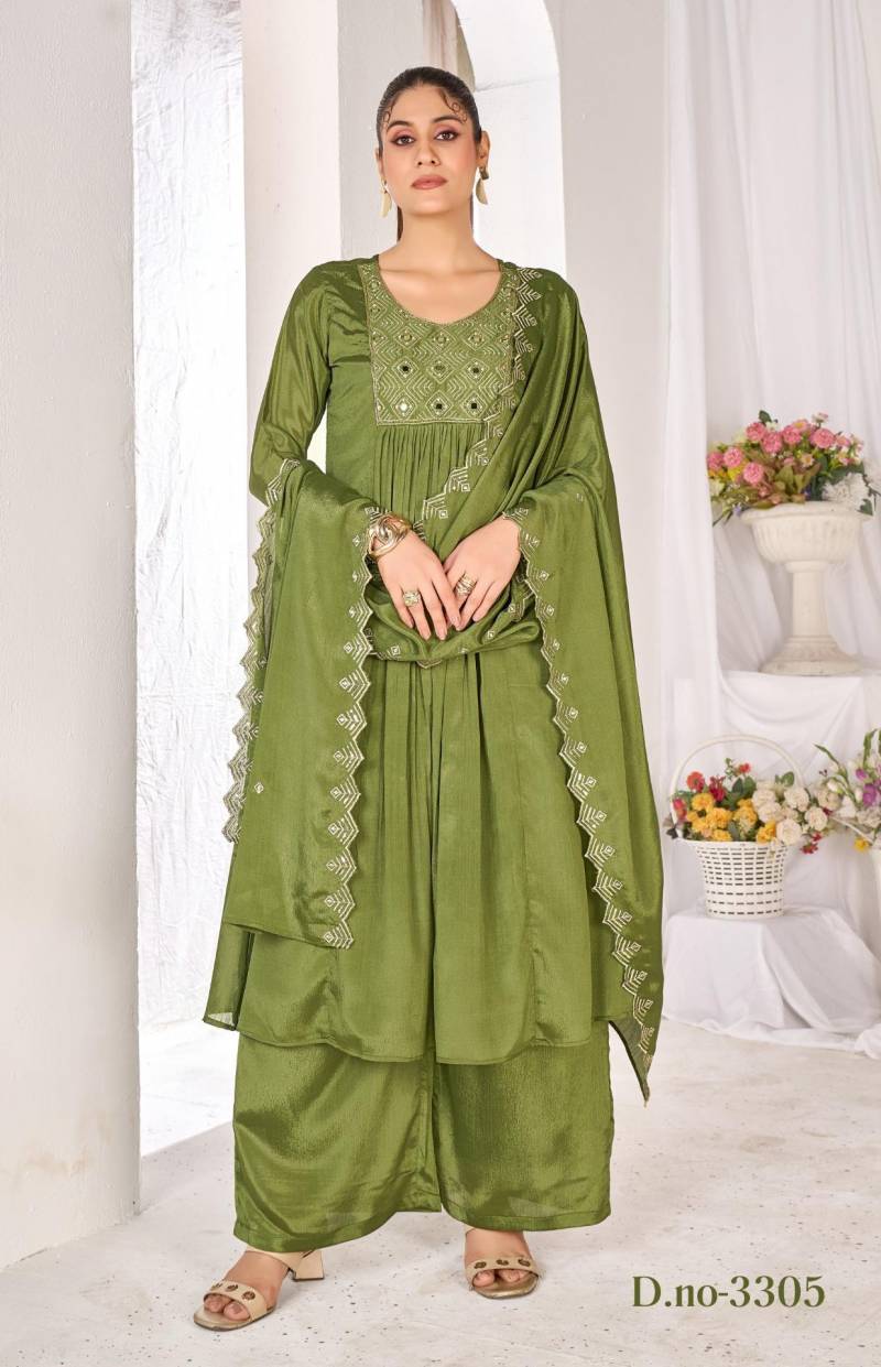 Ladies Flavour 3302 3305 3309 Chinon Handwork Kurti Pant And Dupatta