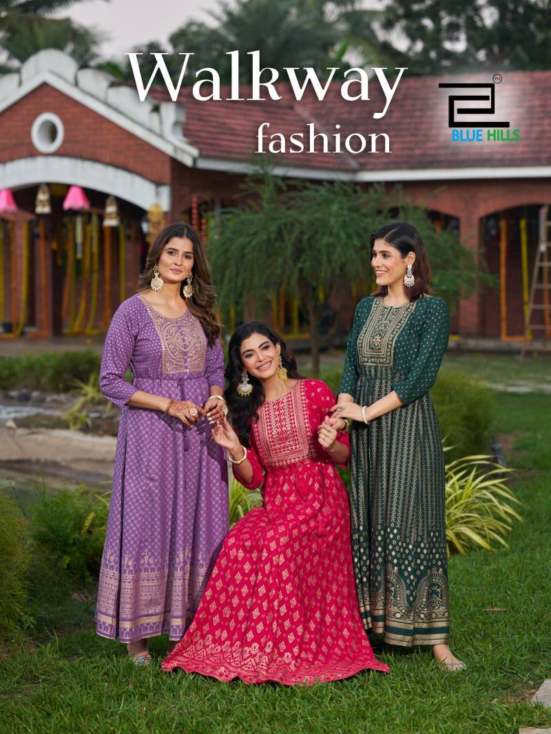 Blue Hills Walkway Fashion Rayon Anarkali Gown Embroidery Kurtis Collection