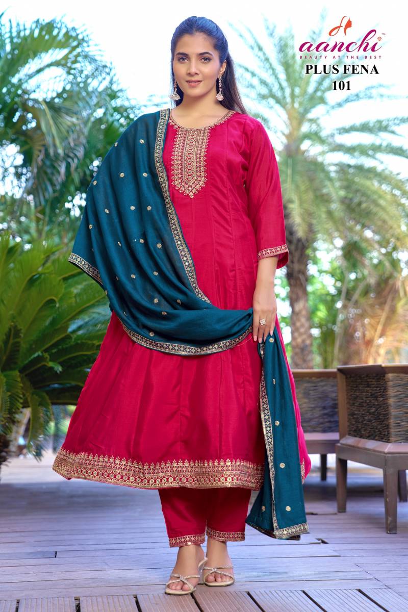 Aanchi Plus Fena Vichitra Silk Work Kurti Pant And Dupatta Collection