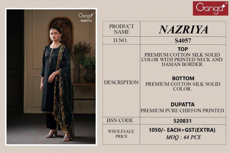 Ganga Nazriya 4057 Cotton Silk Printed Salwar Kameez Collection